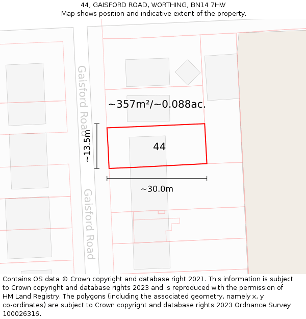 44, GAISFORD ROAD, WORTHING, BN14 7HW: Plot and title map