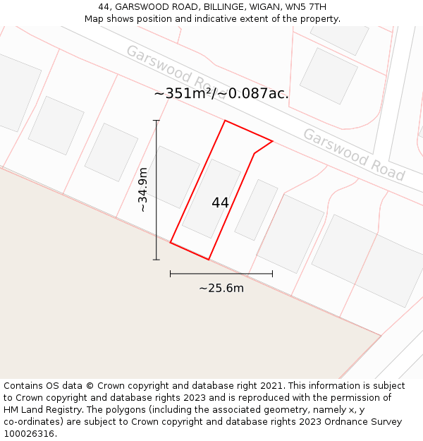 44, GARSWOOD ROAD, BILLINGE, WIGAN, WN5 7TH: Plot and title map