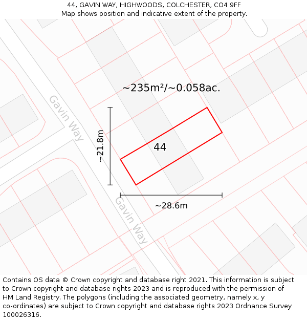 44, GAVIN WAY, HIGHWOODS, COLCHESTER, CO4 9FF: Plot and title map