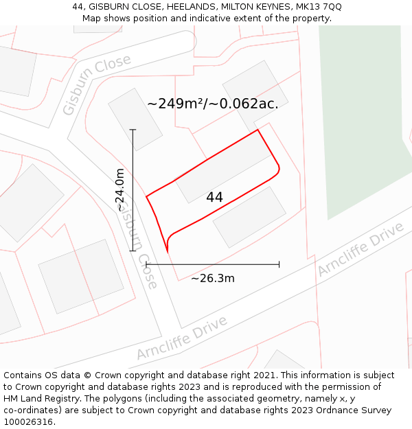 44, GISBURN CLOSE, HEELANDS, MILTON KEYNES, MK13 7QQ: Plot and title map