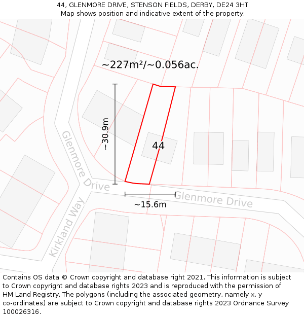 44, GLENMORE DRIVE, STENSON FIELDS, DERBY, DE24 3HT: Plot and title map