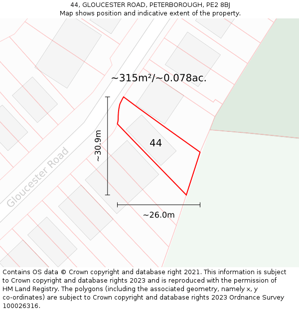 44, GLOUCESTER ROAD, PETERBOROUGH, PE2 8BJ: Plot and title map