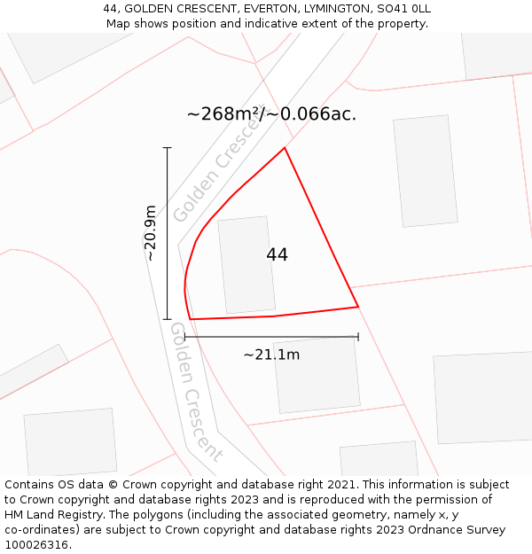 44, GOLDEN CRESCENT, EVERTON, LYMINGTON, SO41 0LL: Plot and title map