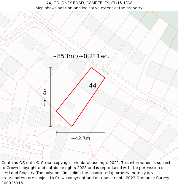 44, GOLDNEY ROAD, CAMBERLEY, GU15 1DW: Plot and title map