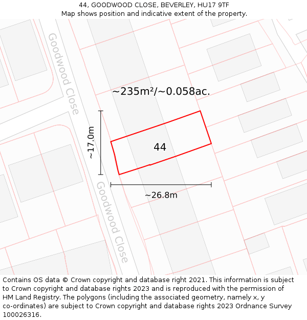 44, GOODWOOD CLOSE, BEVERLEY, HU17 9TF: Plot and title map