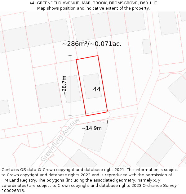 44, GREENFIELD AVENUE, MARLBROOK, BROMSGROVE, B60 1HE: Plot and title map