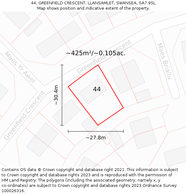 44, GREENFIELD CRESCENT, LLANSAMLET, SWANSEA, SA7 9SL: Plot and title map