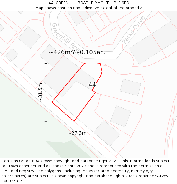 44, GREENHILL ROAD, PLYMOUTH, PL9 9FD: Plot and title map