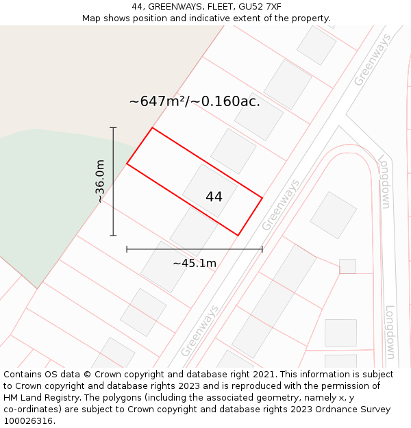 44, GREENWAYS, FLEET, GU52 7XF: Plot and title map