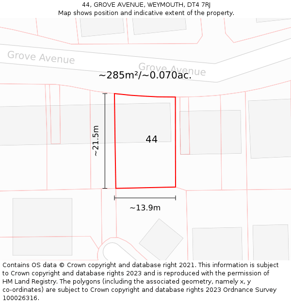 44, GROVE AVENUE, WEYMOUTH, DT4 7RJ: Plot and title map