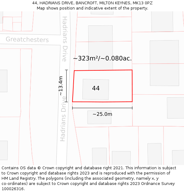 44, HADRIANS DRIVE, BANCROFT, MILTON KEYNES, MK13 0PZ: Plot and title map