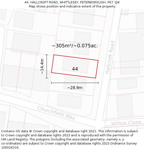 44, HALLCROFT ROAD, WHITTLESEY, PETERBOROUGH, PE7 1JW: Plot and title map