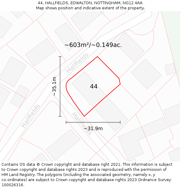 44, HALLFIELDS, EDWALTON, NOTTINGHAM, NG12 4AA: Plot and title map