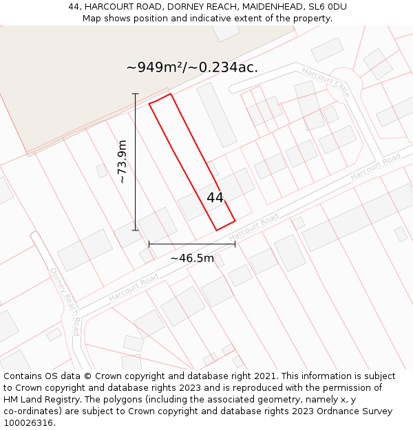 44, HARCOURT ROAD, DORNEY REACH, MAIDENHEAD, SL6 0DU: Plot and title map