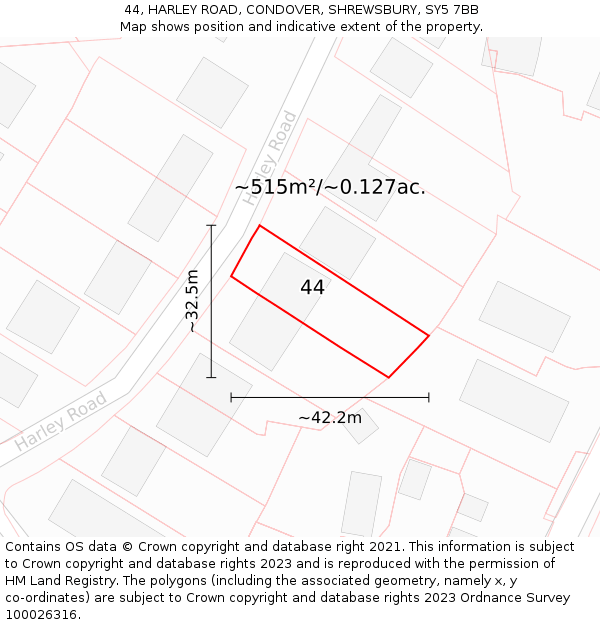 44, HARLEY ROAD, CONDOVER, SHREWSBURY, SY5 7BB: Plot and title map