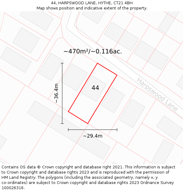 44, HARPSWOOD LANE, HYTHE, CT21 4BH: Plot and title map