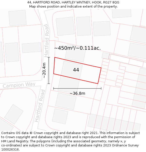 44, HARTFORD ROAD, HARTLEY WINTNEY, HOOK, RG27 8QG: Plot and title map