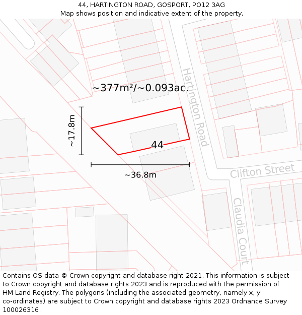 44, HARTINGTON ROAD, GOSPORT, PO12 3AG: Plot and title map