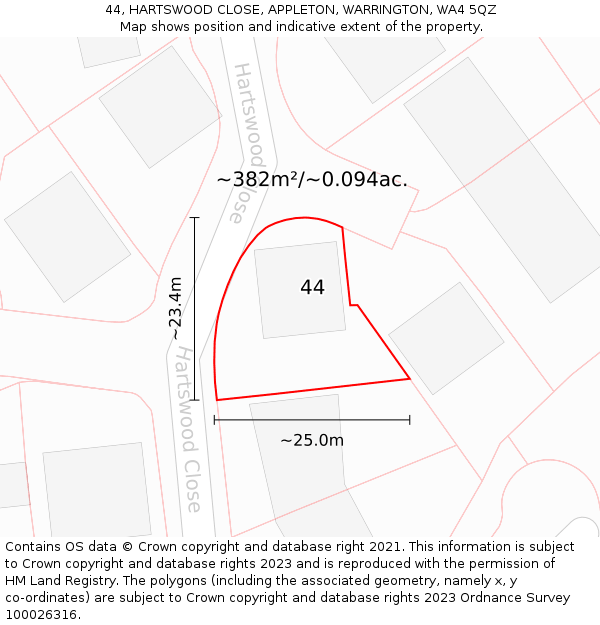 44, HARTSWOOD CLOSE, APPLETON, WARRINGTON, WA4 5QZ: Plot and title map