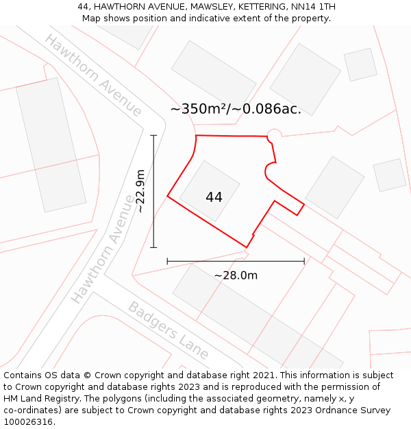 44, HAWTHORN AVENUE, MAWSLEY, KETTERING, NN14 1TH: Plot and title map