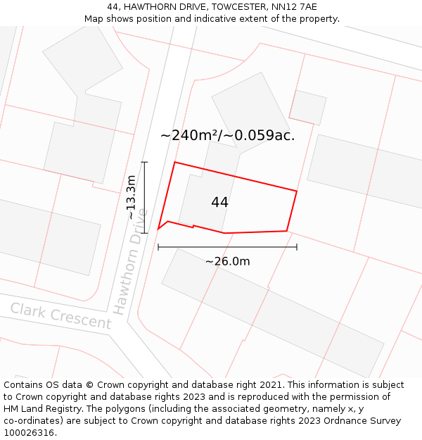 44, HAWTHORN DRIVE, TOWCESTER, NN12 7AE: Plot and title map