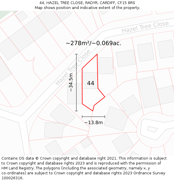 44, HAZEL TREE CLOSE, RADYR, CARDIFF, CF15 8RS: Plot and title map