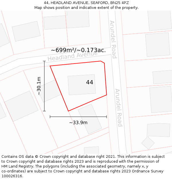 44, HEADLAND AVENUE, SEAFORD, BN25 4PZ: Plot and title map