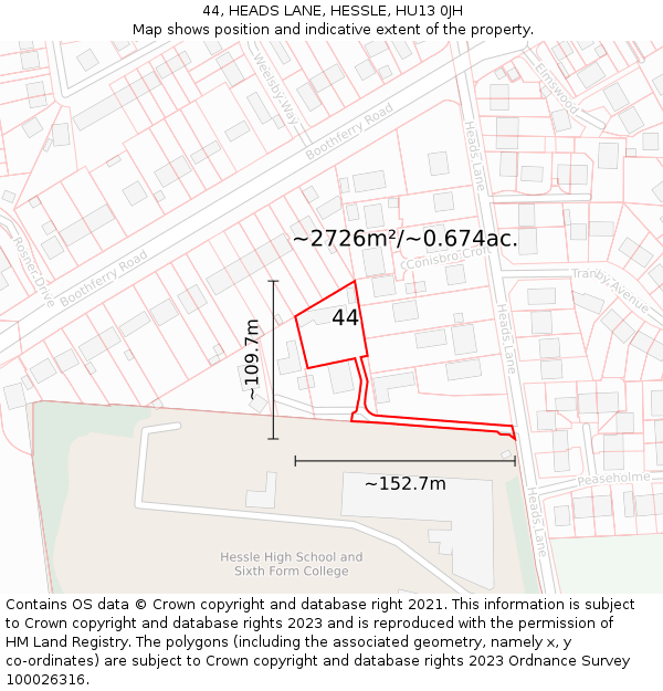 44, HEADS LANE, HESSLE, HU13 0JH: Plot and title map