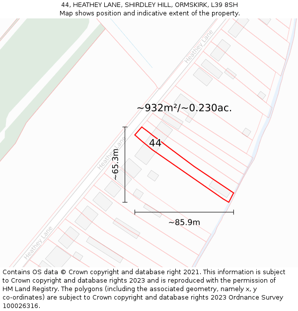 44, HEATHEY LANE, SHIRDLEY HILL, ORMSKIRK, L39 8SH: Plot and title map