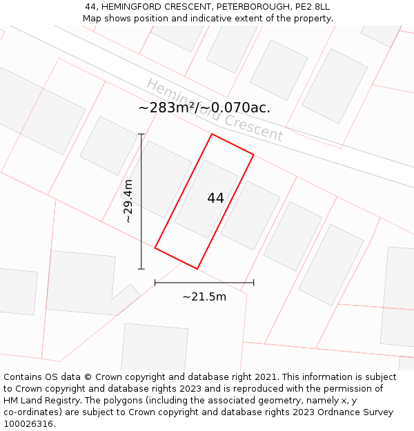 44, HEMINGFORD CRESCENT, PETERBOROUGH, PE2 8LL: Plot and title map