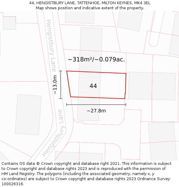 44, HENGISTBURY LANE, TATTENHOE, MILTON KEYNES, MK4 3EL: Plot and title map