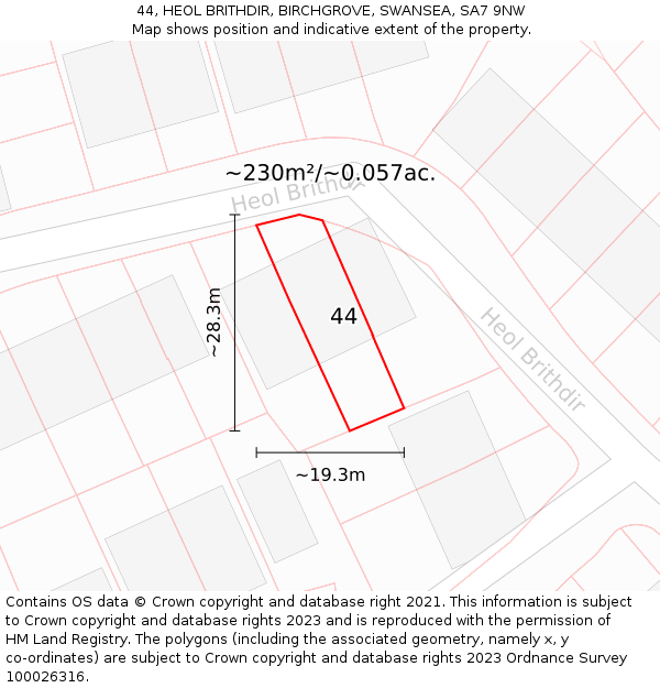 44, HEOL BRITHDIR, BIRCHGROVE, SWANSEA, SA7 9NW: Plot and title map