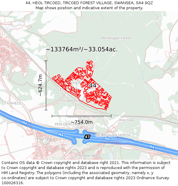 44, HEOL TIRCOED, TIRCOED FOREST VILLAGE, SWANSEA, SA4 9QZ: Plot and title map