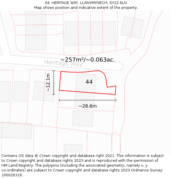 44, HERITAGE WAY, LLANYMYNECH, SY22 6LN: Plot and title map