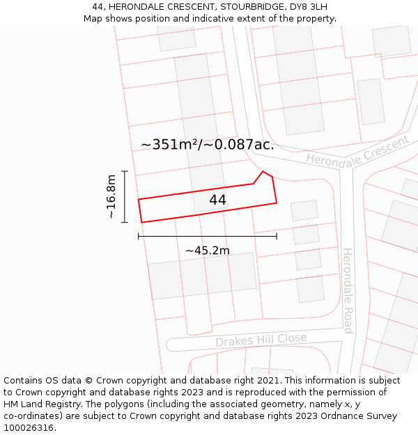 44, HERONDALE CRESCENT, STOURBRIDGE, DY8 3LH: Plot and title map