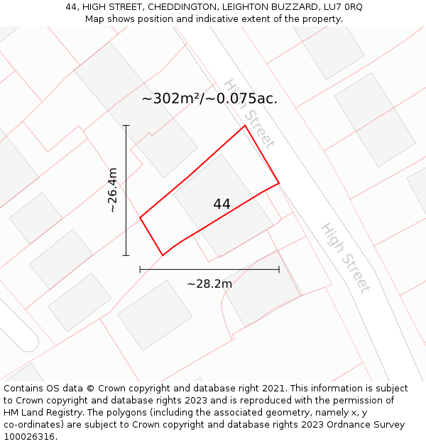 44, HIGH STREET, CHEDDINGTON, LEIGHTON BUZZARD, LU7 0RQ: Plot and title map