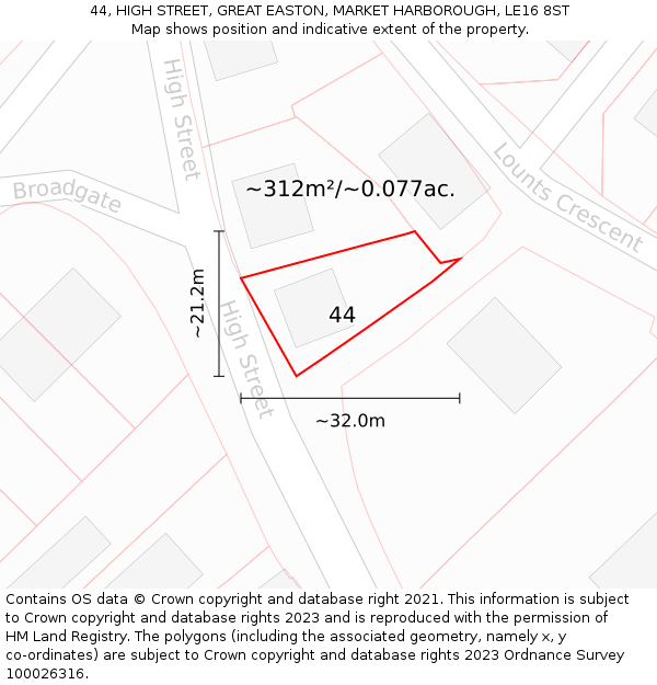 44, HIGH STREET, GREAT EASTON, MARKET HARBOROUGH, LE16 8ST: Plot and title map