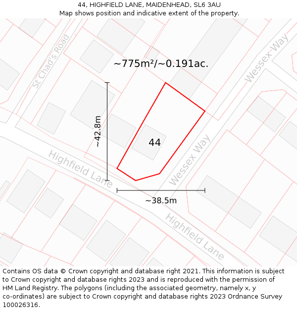 44, HIGHFIELD LANE, MAIDENHEAD, SL6 3AU: Plot and title map