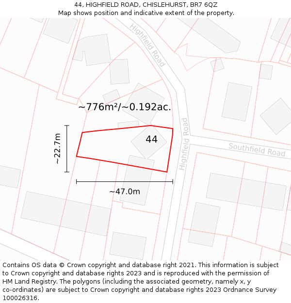 44, HIGHFIELD ROAD, CHISLEHURST, BR7 6QZ: Plot and title map