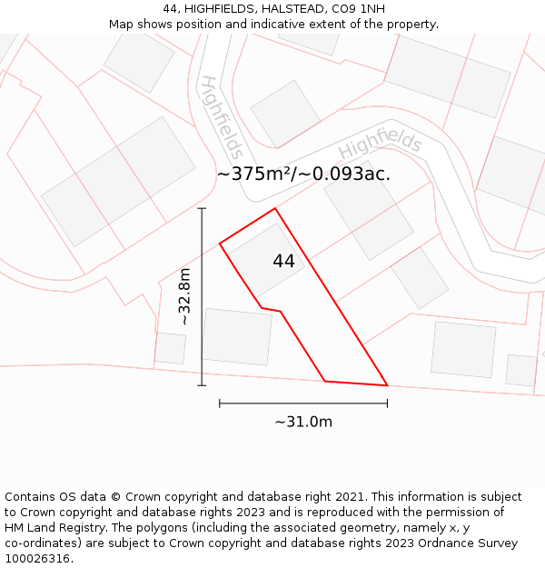 44, HIGHFIELDS, HALSTEAD, CO9 1NH: Plot and title map