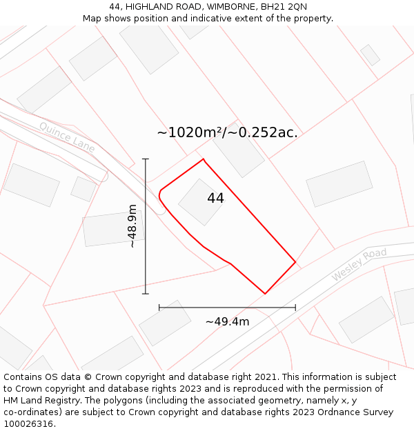 44, HIGHLAND ROAD, WIMBORNE, BH21 2QN: Plot and title map