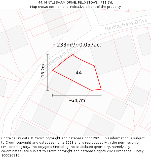 44, HINTLESHAM DRIVE, FELIXSTOWE, IP11 2YL: Plot and title map