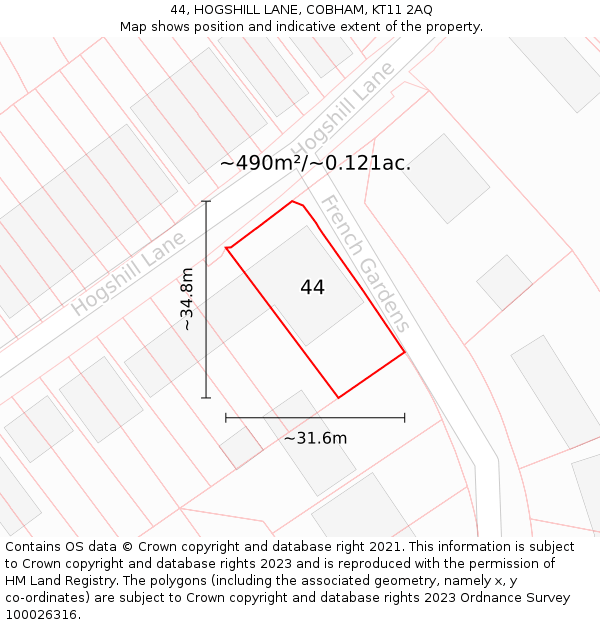 44, HOGSHILL LANE, COBHAM, KT11 2AQ: Plot and title map