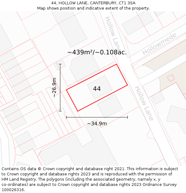 44, HOLLOW LANE, CANTERBURY, CT1 3SA: Plot and title map