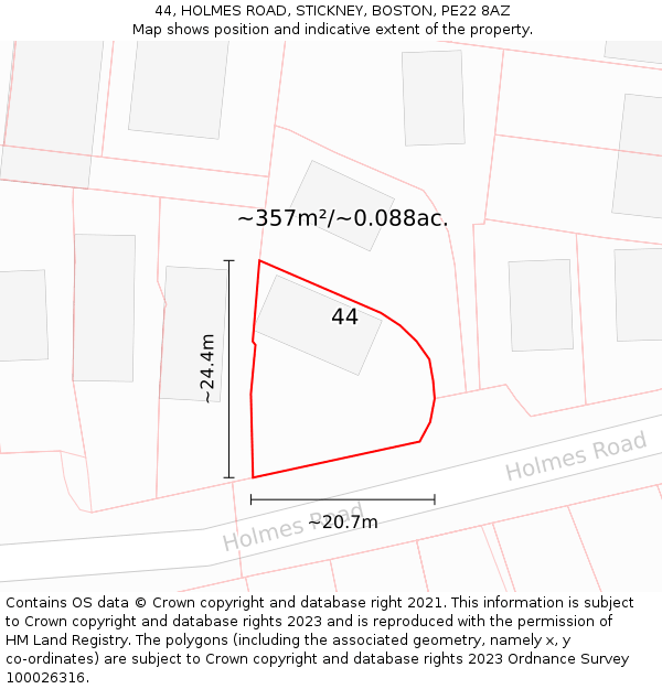 44, HOLMES ROAD, STICKNEY, BOSTON, PE22 8AZ: Plot and title map