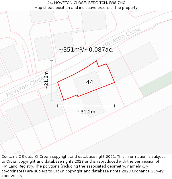 44, HOVETON CLOSE, REDDITCH, B98 7HQ: Plot and title map