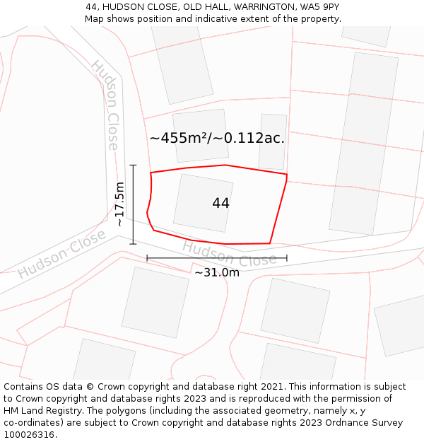 44, HUDSON CLOSE, OLD HALL, WARRINGTON, WA5 9PY: Plot and title map