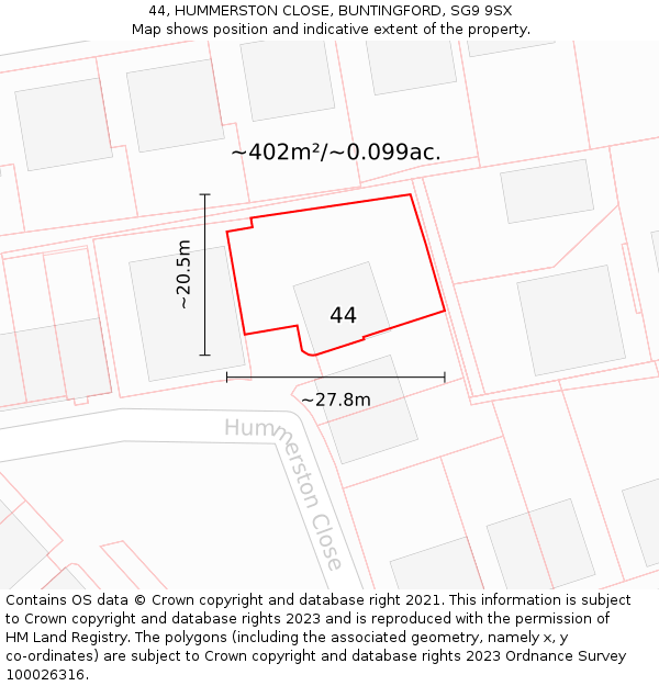 44, HUMMERSTON CLOSE, BUNTINGFORD, SG9 9SX: Plot and title map