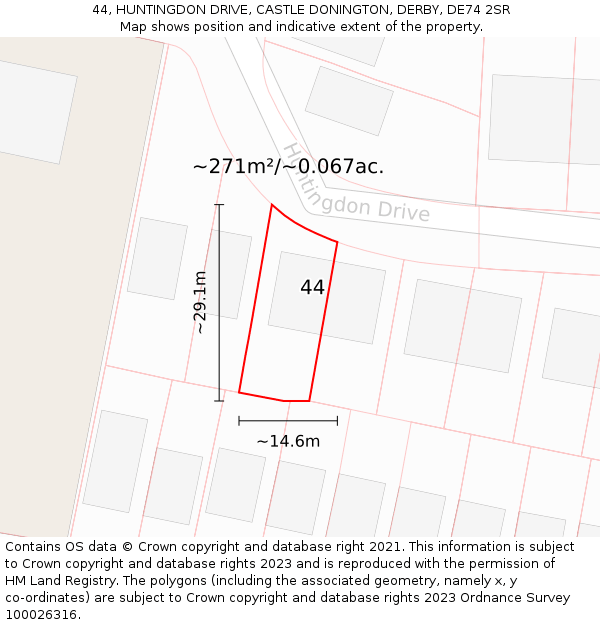 44, HUNTINGDON DRIVE, CASTLE DONINGTON, DERBY, DE74 2SR: Plot and title map