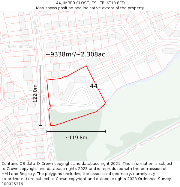 44, IMBER CLOSE, ESHER, KT10 8ED: Plot and title map